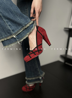 Fermina 红色复古高跟鞋拼接款女粗跟浅口单鞋小众走秀款女鞋2024