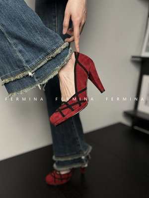 复古粗跟高跟鞋浅口单鞋拼接款