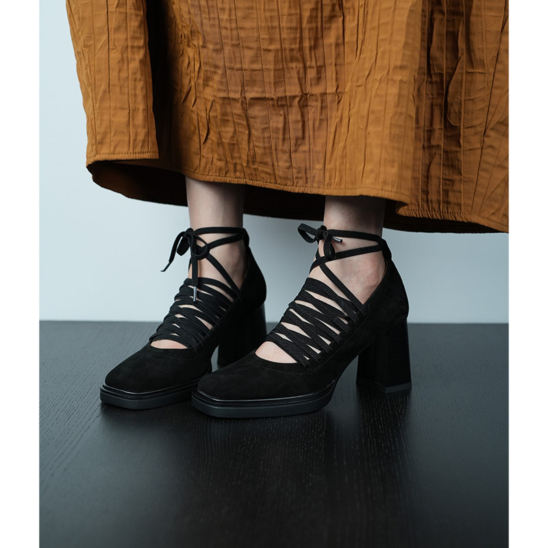 Fermina方头浅口单鞋女粗跟鞋黑色系带显瘦女鞋新款暗黑风高跟鞋,女鞋,浅口单鞋,淘宝优惠券,粉丝福利购,淘宝优惠卷