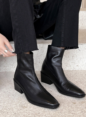 Fermina 静音跟短靴女粗跟高跟瘦瘦靴通勤女靴牛皮时尚显瘦时装靴