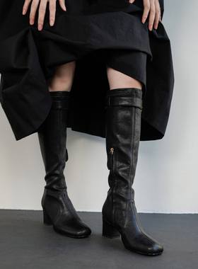Fermina 显瘦不过膝长靴女粗跟高跟长筒靴黑色气质高筒瘦瘦靴女靴