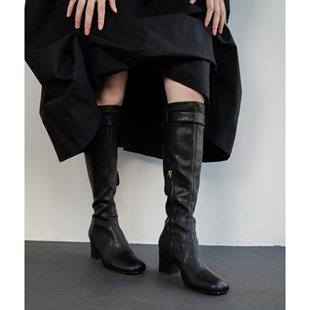 Fermina 显瘦不过膝长靴女粗跟高跟长筒靴黑色气质高筒瘦瘦靴女靴