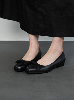 Fermina 方头浅口单鞋女粗跟内增高女鞋复古通勤工作鞋黑色上班鞋