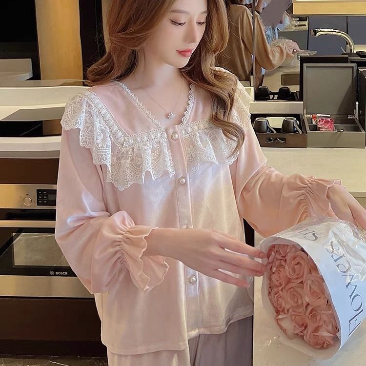 睡衣女春秋季金丝绒长袖套装网红性感蕾丝花边可外穿家居服女秋冬