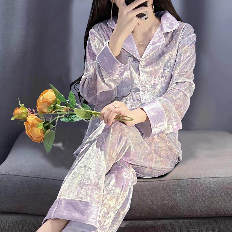 国风晕染钻石丝绒睡衣女秋冬季2025新款紫色春秋长袖开衫薄绒套装