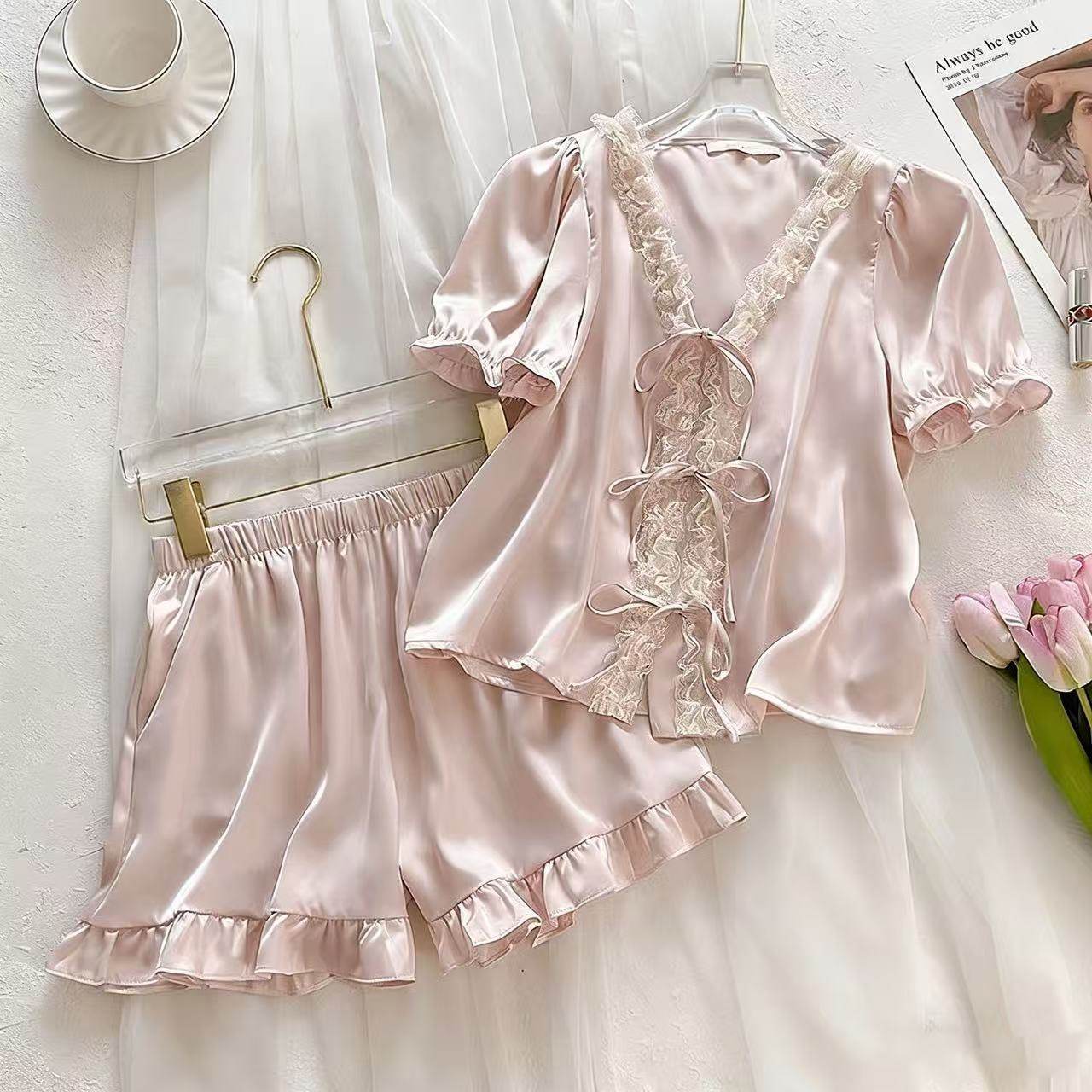 睡衣女夏季冰丝2024新款夏天短袖短裤套装高级感蕾丝可外穿家居服