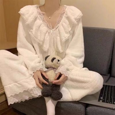 法式宫廷风睡衣女珊瑚绒秋冬季韩版蕾丝花边甜美公主法兰绒家居服