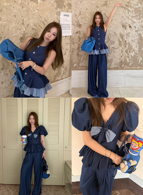Scout 蓝调卡普里 夏季牛仔拼接格纹泡泡袖衬衫休闲阔腿裤套装女