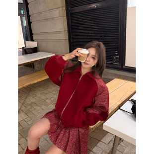 Scout「百利热红酒」重磅设计感羊毛小香棒球短外套百褶半裙套装