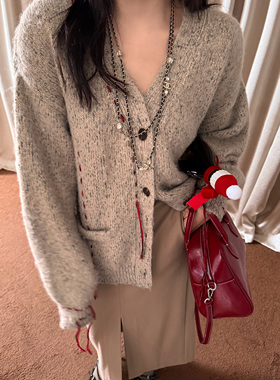 Scout 马JI拉风格撞色手缝线粗棒羊驼毛轮廓感针织开衫外套女