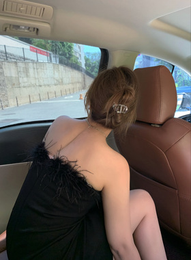 【Scout】 时髦氛围感鸵鸟毛抹胸裙春季小众设计感黑色连衣裙