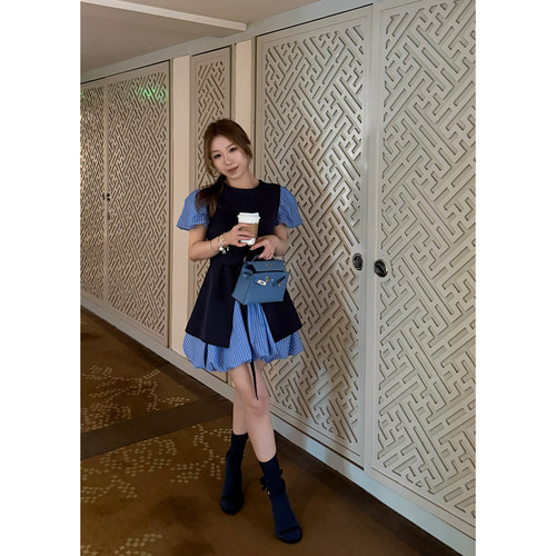 Scout 古德拉少女 设计感洋气藏蓝条纹拼色俏皮连衣裙女夏季