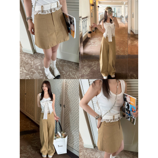 工装 Scout趣味下半身穿搭 女 裤 裙 洗水棉拼接蕾丝高腰直筒工装