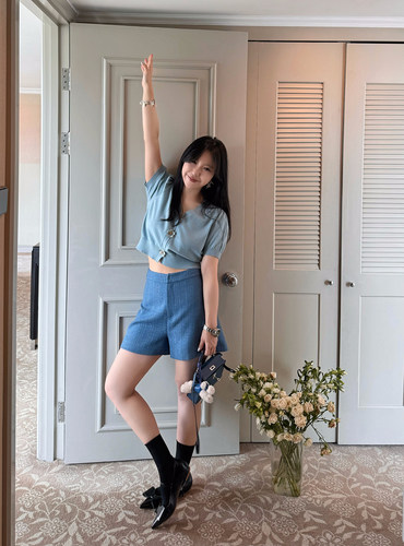 Scout 「显瘦质感」雾霾蓝香风宽松A型裤腿短裤女夏高腰显瘦裤子