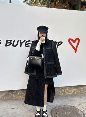 Scout 低调时髦的黑色拼色廓形小香90白鸭绒薄羽绒服女冬复古外套