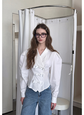 Scout 凡尔赛宫 复古精梳棉造型感蝴蝶结宫廷袖衬衫女白色上衣