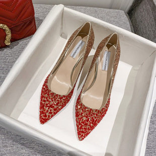 女尖头细跟秀禾红色伴娘新娘鞋 婚鞋 亮片高跟鞋 水晶鞋 2020年新款