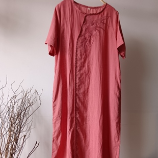 中国风纯麻连衣裙女夏季宽松显瘦苎麻裙西瓜红高级禅意民族风长裙