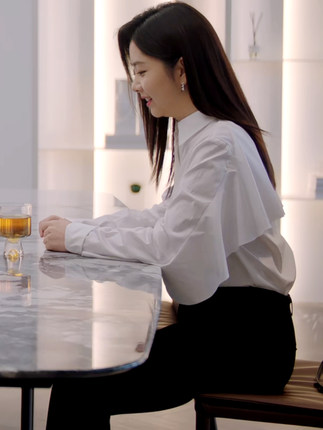 请叫我总监谭松韵宁檬同款白色衬衫女夏季时尚宽松荷叶边长袖上衣