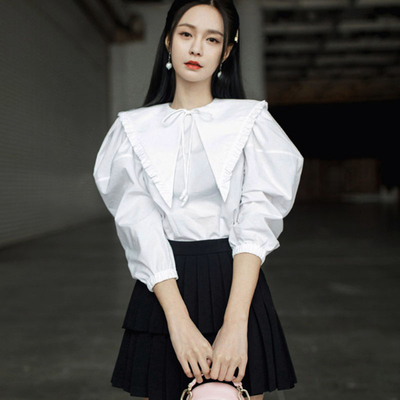 沈梦辰同款娃娃领短裙白色衬衫