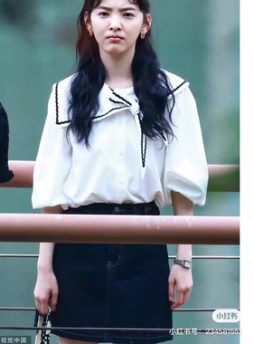 你也有今天章若楠成瑶同款白色衬衫女时尚百搭海军领系结宽松上衣