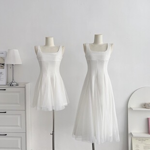 从一时刻 白色吊带连衣裙女新款网纱蓬蓬仙女百搭感领证长裙子