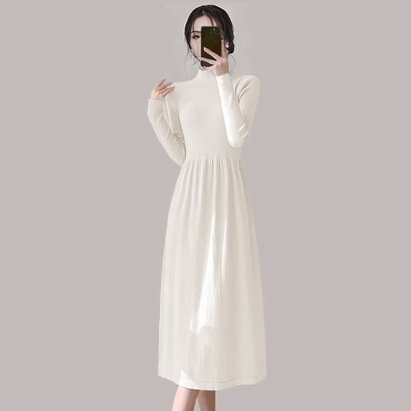 过膝毛衣长裙针织连衣裙女秋冬内搭收腰显瘦高领长袖中长款打底裙