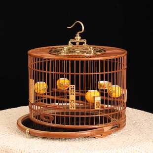 大欧竹制鸟笼绣眼黄雀贝子靛颏相思文鸟小鸟活底抽屉圆笼直径29,5