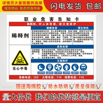 稀释剂职业病危害告知卡周知卡危险品提示牌标识牌标志牌铝警示牌