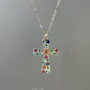 欧美跨境多彩十字架项链女ins小众设计感高级轻奢气质锁骨链饰品
