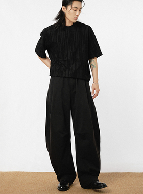 三木公白 复古弯刀抽绳休闲裤男高级感 宽松廓形水洗感阔腿裤潮