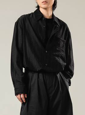 三木公白 日系轻薄肌理感黑色衬衫男高级感 垂坠免烫衬衣外套宽松