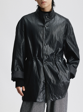 三木公白 复古褶皱黑色立领皮衣男中长款 宽松抽绳收腰皮夹克外套