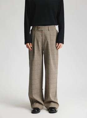 三木公白 日系复古格纹休闲西裤男宽松 高级感直筒裤文艺垂感廓形