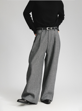 三木公白 复古单褶人字纹西裤男宽松高级感 垂坠廓形直筒阔腿裤潮