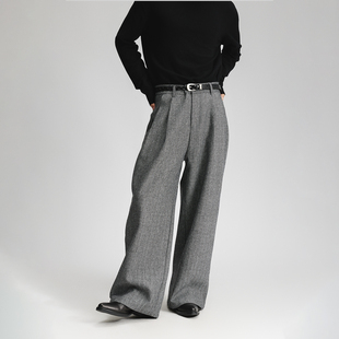 垂坠廓形直筒阔腿裤 男宽松高级感 潮 复古单褶人字纹西裤 三木公白