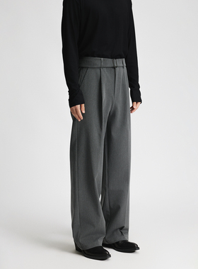 三木公白 极简风灰色西装裤男宽松直筒 单褶高腰休闲裤高级感优雅