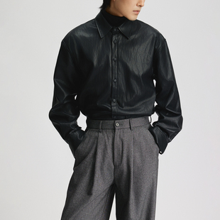 先锋简约长袖 男宽松高级感 衬衣皮衣质感潮 复古PU皮衬衫 三木公白