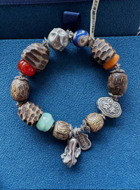 原创设计手工檀木天然石999足银手串