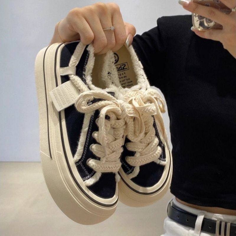 休闲运动女士超火黑色低帮丑萌大头圆头芒果头板鞋厚底毛边帆布鞋,女鞋,时尚休闲鞋,淘宝优惠券,粉丝福利购,淘宝优惠卷