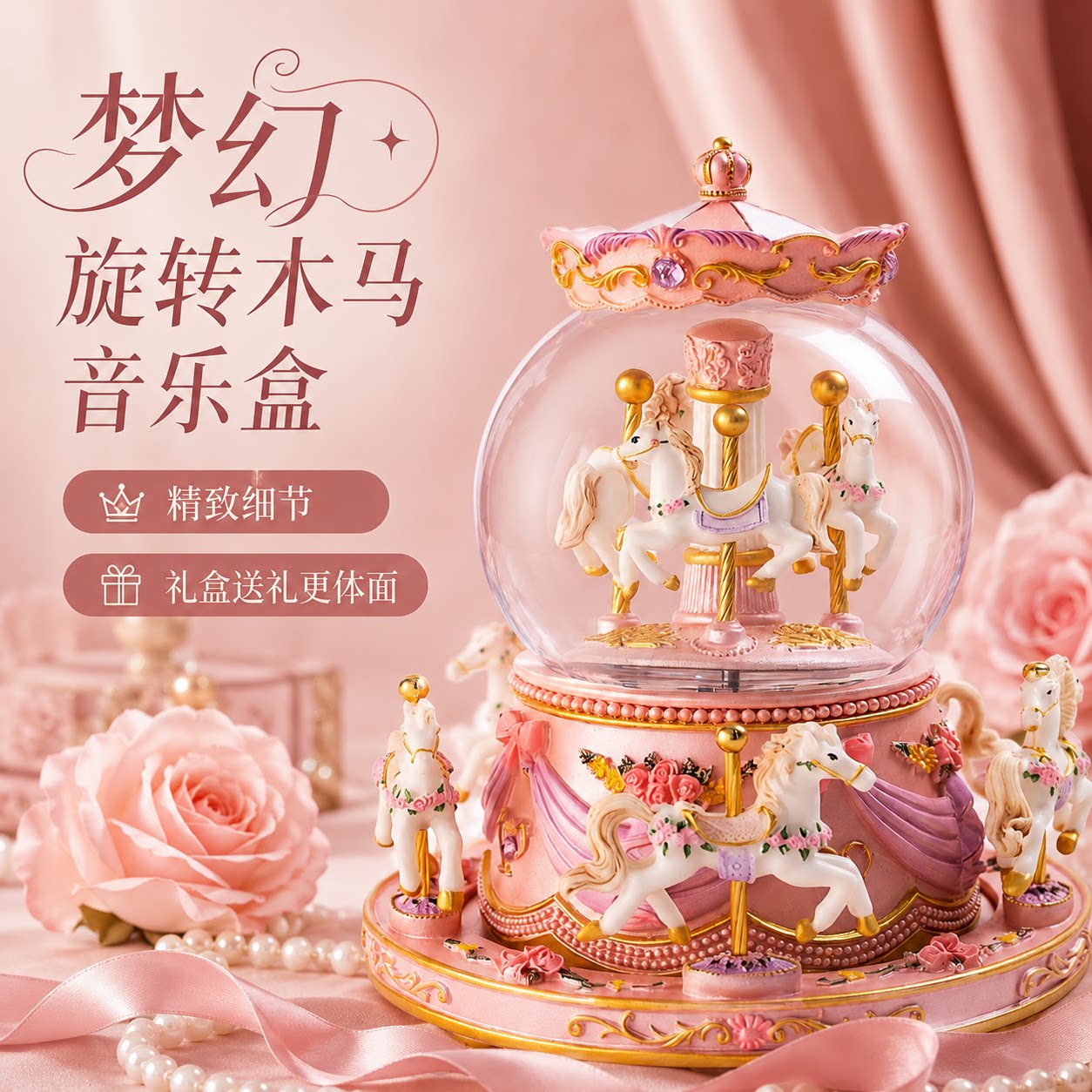 八音盒可旋转梦幻旋转木马女孩轻奢生日礼物水晶球儿童朋友音乐盒