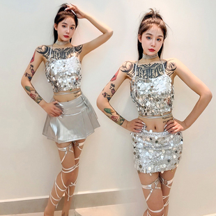 新款酒吧GOGO女dj领舞DS演出服性感亮片短裙套装背心bgo点舞服装