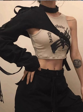 Nibber网红同款单袖个性挂脖跳舞卡扣单肩装饰上衣时尚舞台风