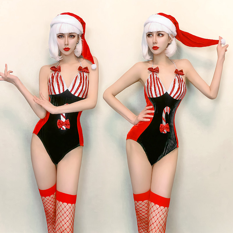 酒吧dj大气性感ds巡场气氛互动gogo演出服圣诞红色条纹深v连体衣