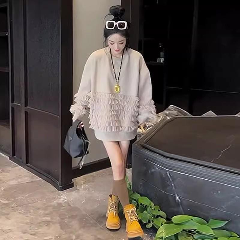 大码中长款加绒卫衣女秋冬款设计感网纱拼接休闲宽松上衣