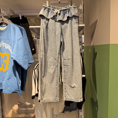 Adidas阿迪达斯三叶草女子牛仔裤刺绣花边腰时尚潮流弯刀裤KT3051