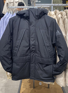 Adidas阿迪达斯冬季男子户外工装多袋连帽羽绒保暖黑色外套GK0667