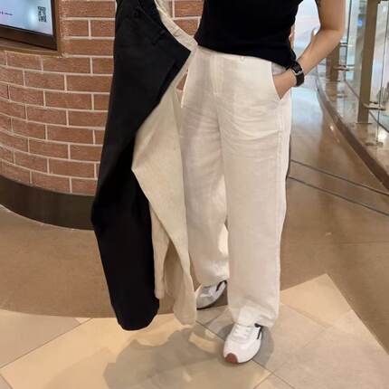 016款春夏新款法式气质白色亚麻阔腿裤女高级感宽松休闲直筒裤