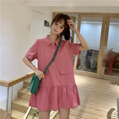 Short sleeve dress with loose polo collar for Korean girls