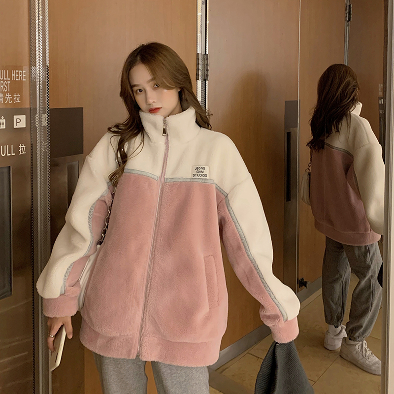 College style lamb wool color matching thickened zipper warm coat